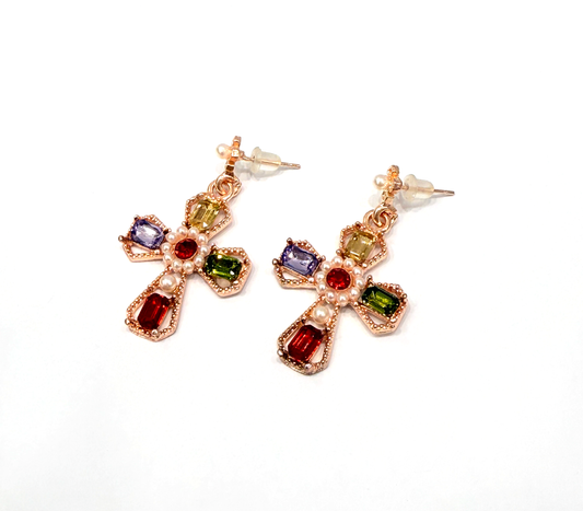 gold cross earrings with colored stones