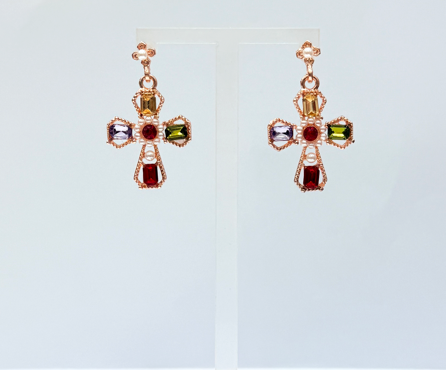 gold cross earrings with colored stones