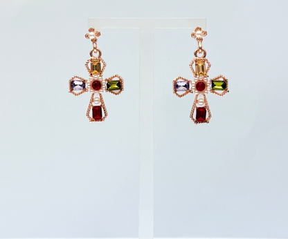 gold cross earrings with colored stones