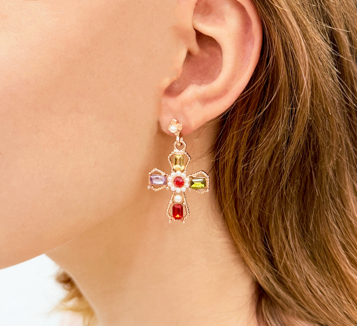 gold cross earrings with colored stones